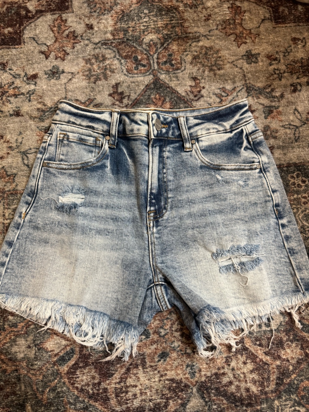 Risen High-Waist Distressed Denim Shorts - Light Blue